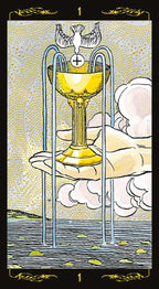 Tarot card with a golden chalice on a cloud, surrounded by decorative elements.
