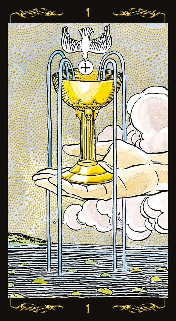 Tarot card with a golden chalice on a cloud, surrounded by decorative elements.
