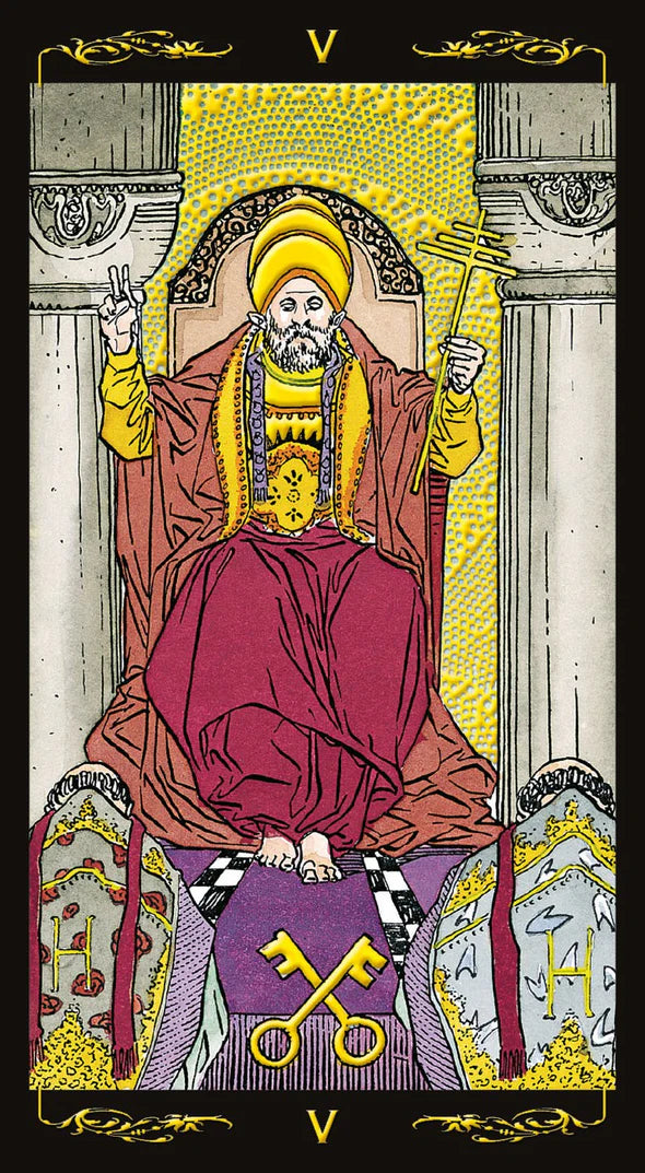 Tarot card with a figure in regal attire sitting on a throne, surrounded by decorative elements.