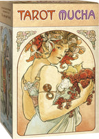 Tarot Mucha card box with Art Nouveau design featuring a woman holding grapes.