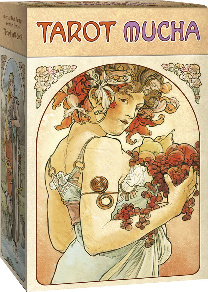 Tarot Mucha card box with Art Nouveau design featuring a woman holding grapes.