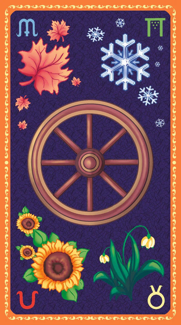 Decorative card with a wheel, leaves, flowers, and symbols on a purple background