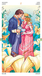 Illustration of a couple embracing with flowers in the background. Card 2 - Chalices