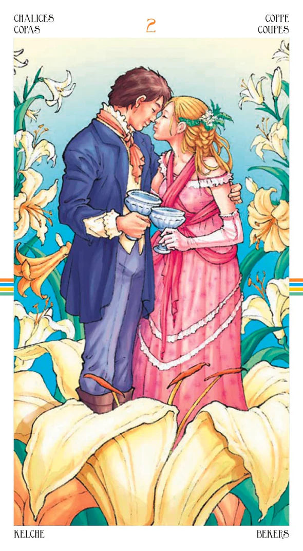 Illustration of a couple embracing with flowers in the background. Card 2 - Chalices