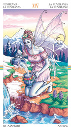 Tarot card featuring a fairy by a stream with mountains in the background. XIV Temperance
