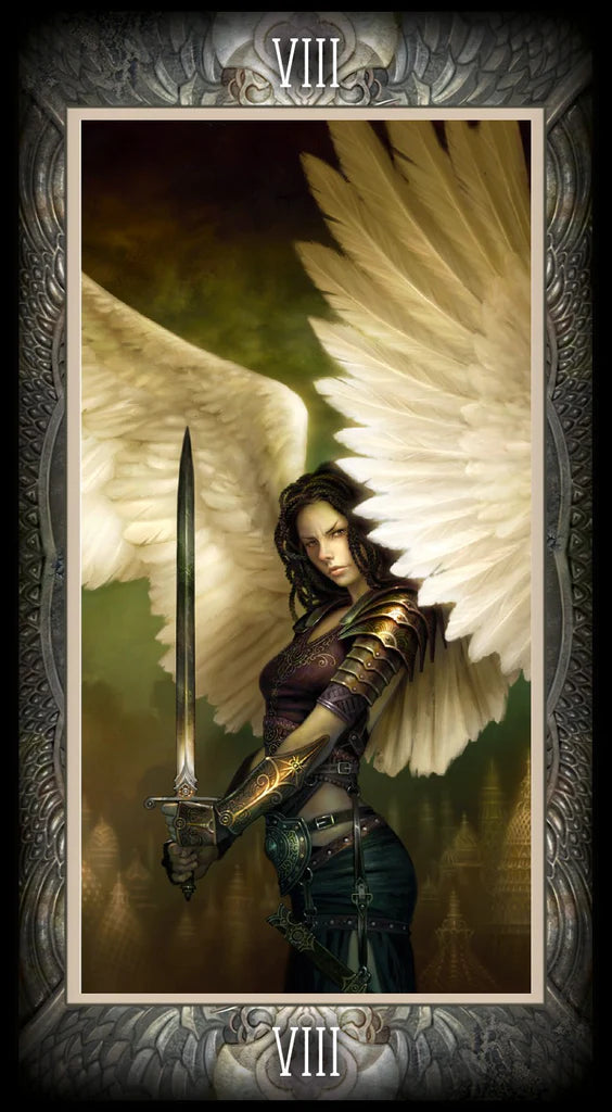 Card featuring an angel with wings and a sword, framed as a tarot card.