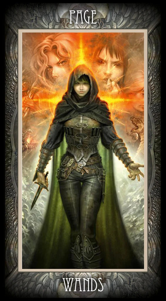 Character in a fantasy setting with glowing eyes and a sword, framed as a tarot card.