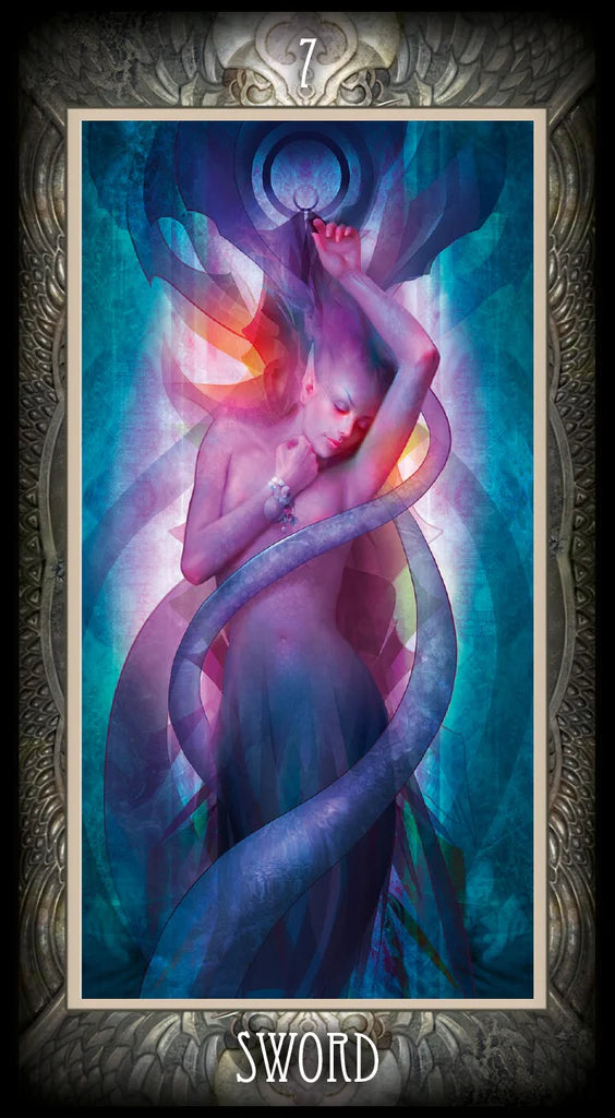 Tarot card featuring a figure with a sword, surrounded by mystical elements.