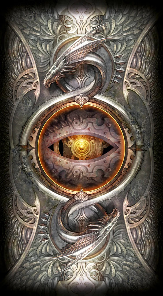 Decorative design with dragons and an eye in the center on a dark background