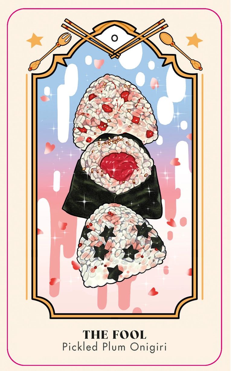 Card titled 'The Fool' featuring pickled plum onigiri with decorative elements on a pastel background.