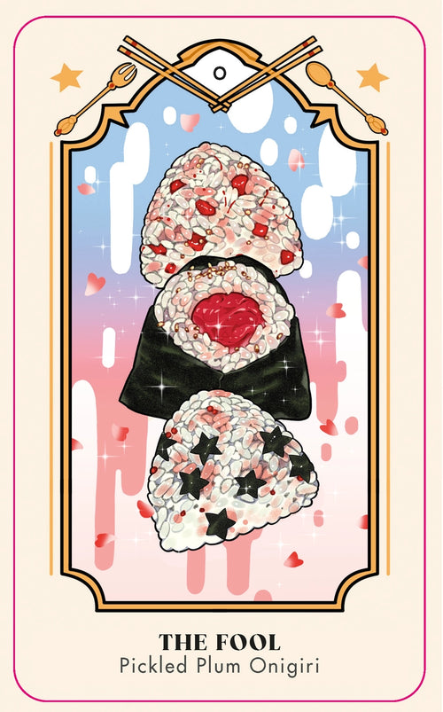 Card titled 'The Fool' featuring pickled plum onigiri with decorative elements on a pastel background.