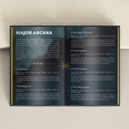 An open book or booklet spread showing the 'MAJOR ARCANA' card suit layout with text and illustrations for the Major Arcana cards, photographed against a light neutral background.