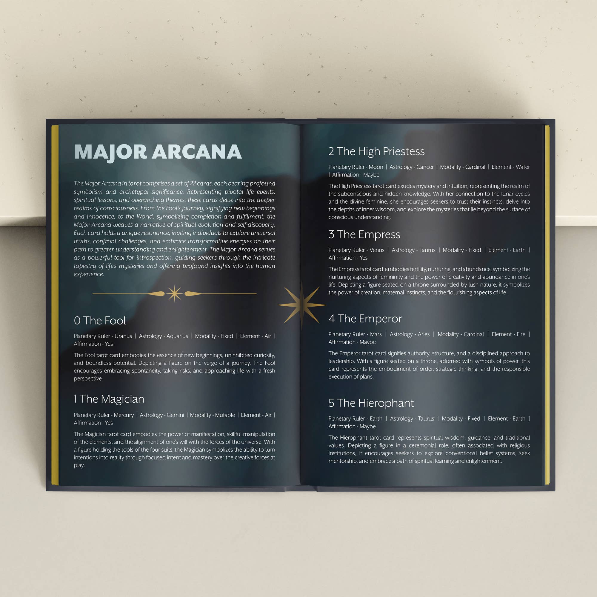An open book or booklet spread showing the 'MAJOR ARCANA' card suit layout with text and illustrations for the Major Arcana cards, photographed against a light neutral background.