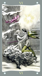 Tarot card with two figures in a snowy landscape, one holding a pink flower.