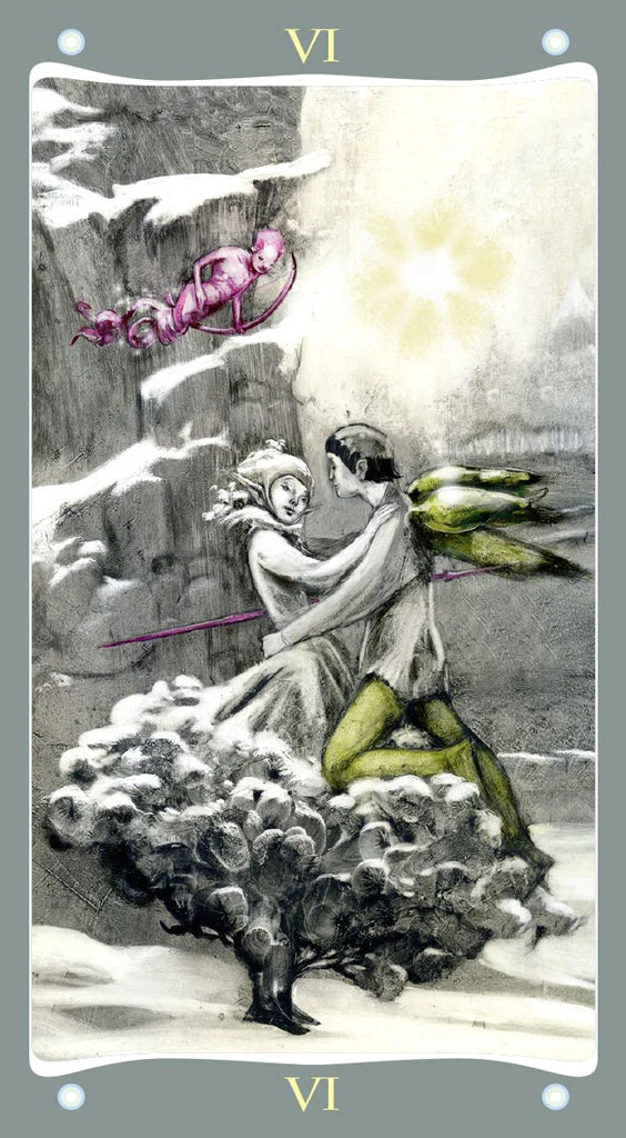 Tarot card with two figures in a snowy landscape, one holding a pink flower.