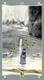 Tarot card with a woman standing by a pool, birds in formation, and a cross in the background.