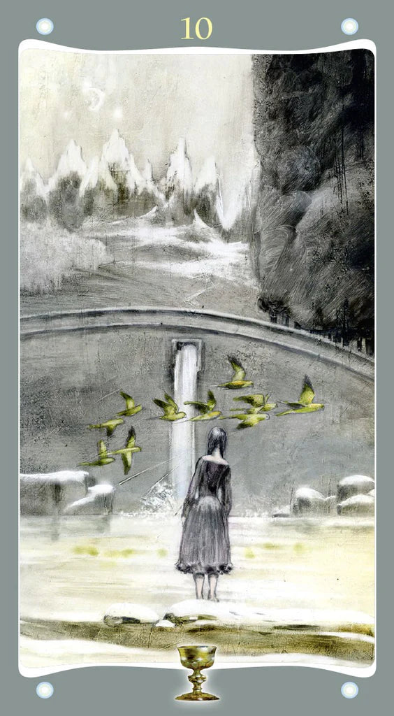 Tarot card with a woman standing by a pool, birds in formation, and a cross in the background.