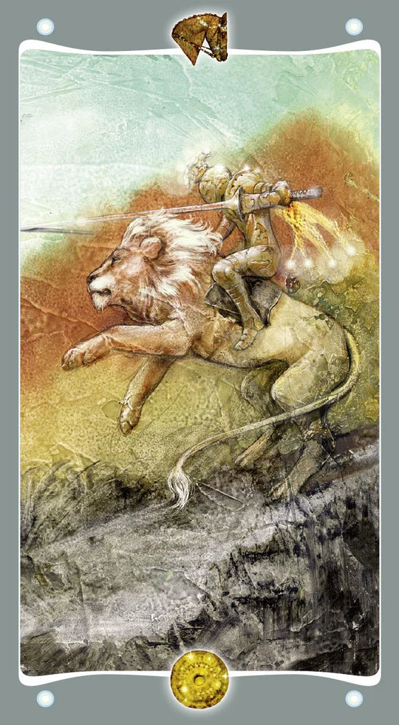 Man riding a lion with a spear, surrounded by gold and a horse head, on a textured background.