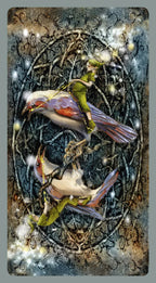 Two birds perched on a branch with a mystical background
