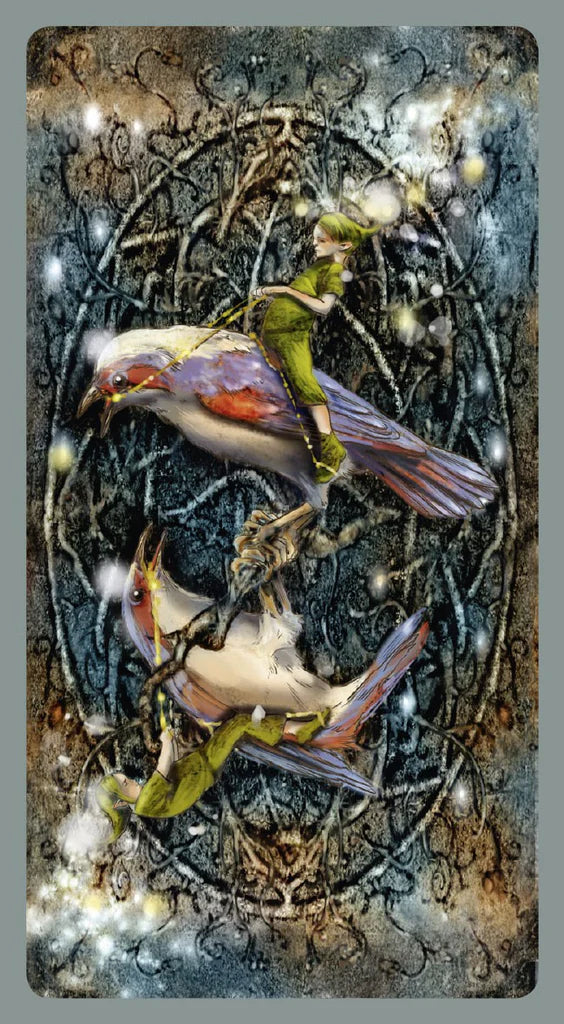 Two birds perched on a branch with a mystical background