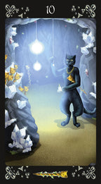 Card with a black cat figure and hanging lights in a mystical setting