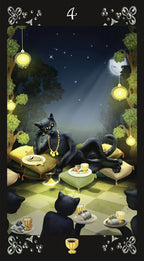Two black cats in a garden setting with moonlit sky and decorative elements.
