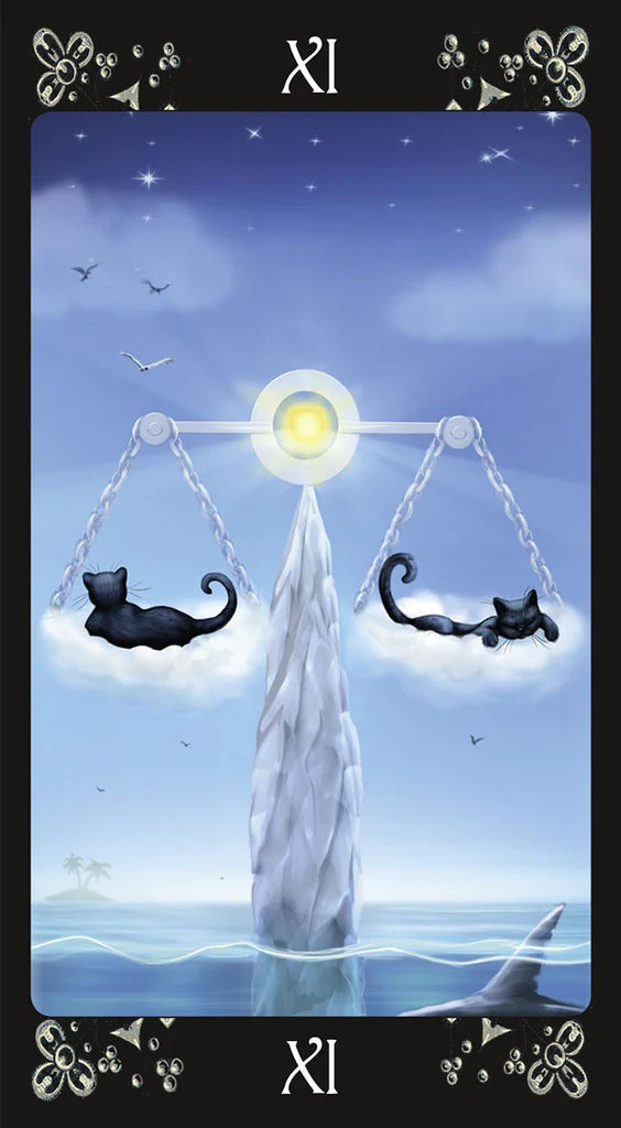Tarot card with two cats on scales and a tower, symbolizing balance and choice.