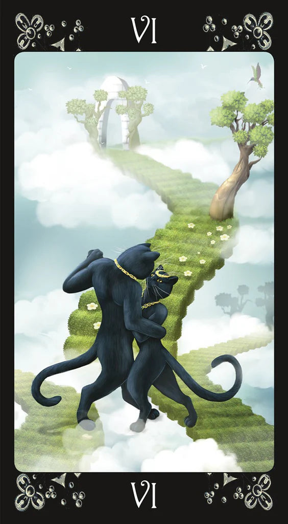 Tarot card with two black cats embracing on a path in the clouds