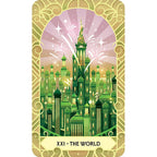 Tarot card titled 'The World' with a green cityscape and fireworks in the background
