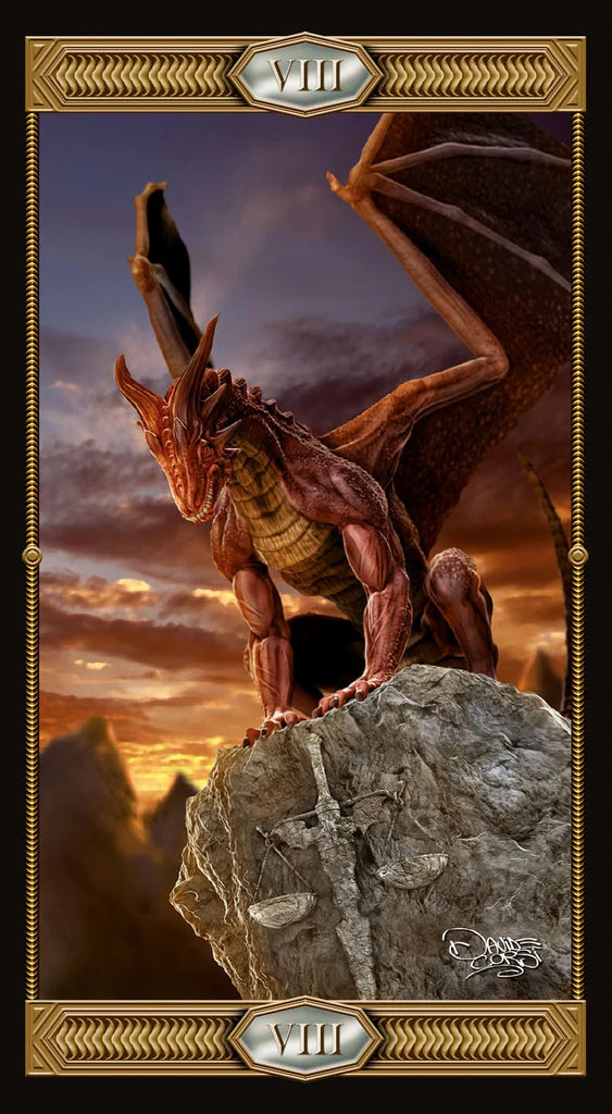 Dragon standing on a rock with a sunset landscape in the background, framed by decorative borders.