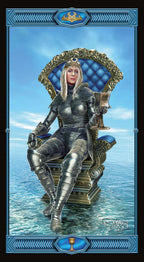 Person in medieval armor sitting on a throne with a blue background