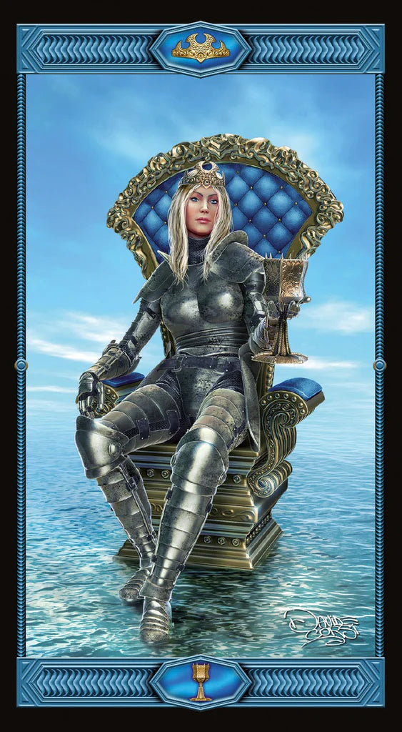 Person in medieval armor sitting on a throne with a blue background