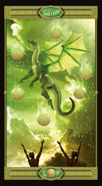 Green dragon with gold eggs in a fantasy setting with two people watching.