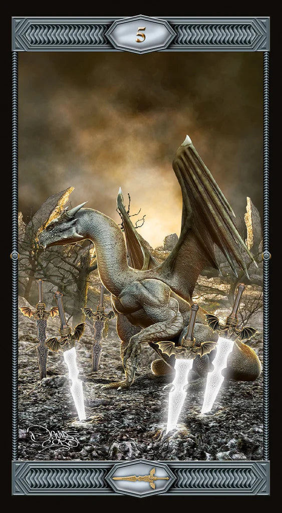Dragon in a fantasy setting with a dark, smoky background