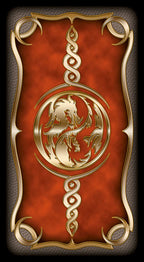 Decorative emblem with a dragon design on a red and gold background