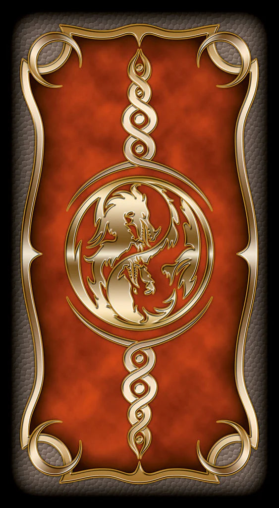 Decorative emblem with a dragon design on a red and gold background