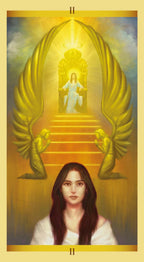 Tarot card with a woman in front of a glowing archway and staircase