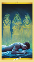 Tarot card with three figures and a person lying down, featuring a gold border and number 4.