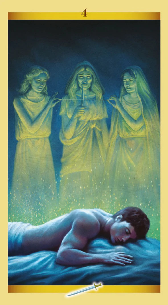 Tarot card with three figures and a person lying down, featuring a gold border and number 4.