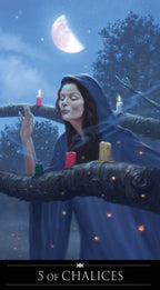 Artistic depiction of a person in a blue hooded cloak holding candles under a moonlit sky.