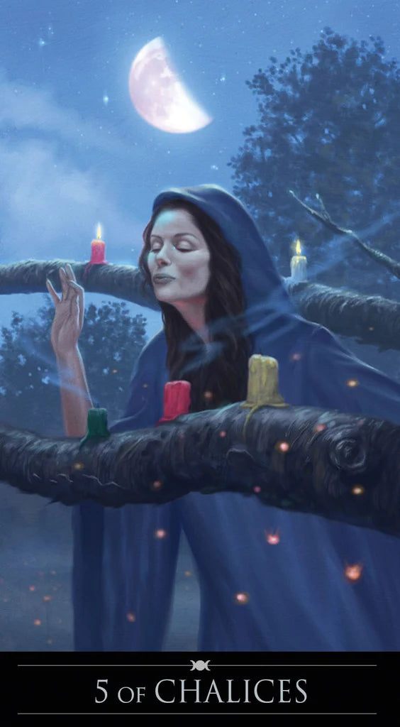 Artistic depiction of a person in a blue hooded cloak holding candles under a moonlit sky.