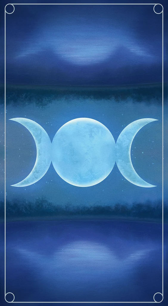 Triple moon symbol with a mystical landscape in the background