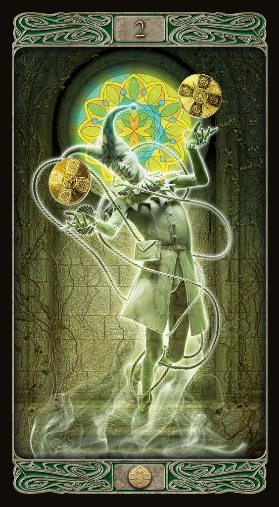 Decorative card with a stylized figure holding a glowing emblem, surrounded by intricate designs.