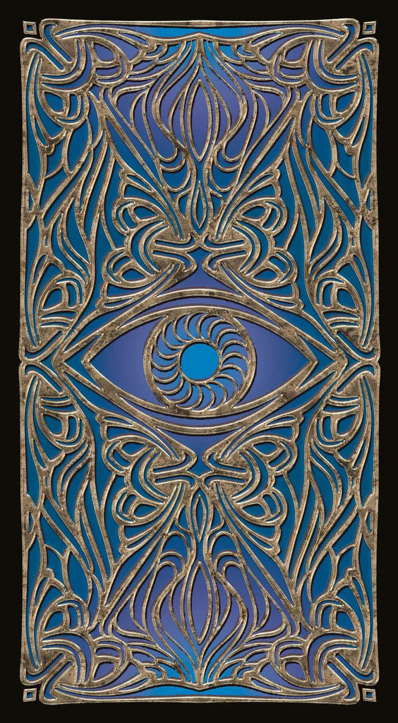 Decorative panel with eye design and intricate patterns on a blue and gold background