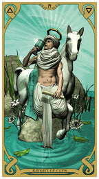 Tarot card featuring a knight on a horse with a scenic background