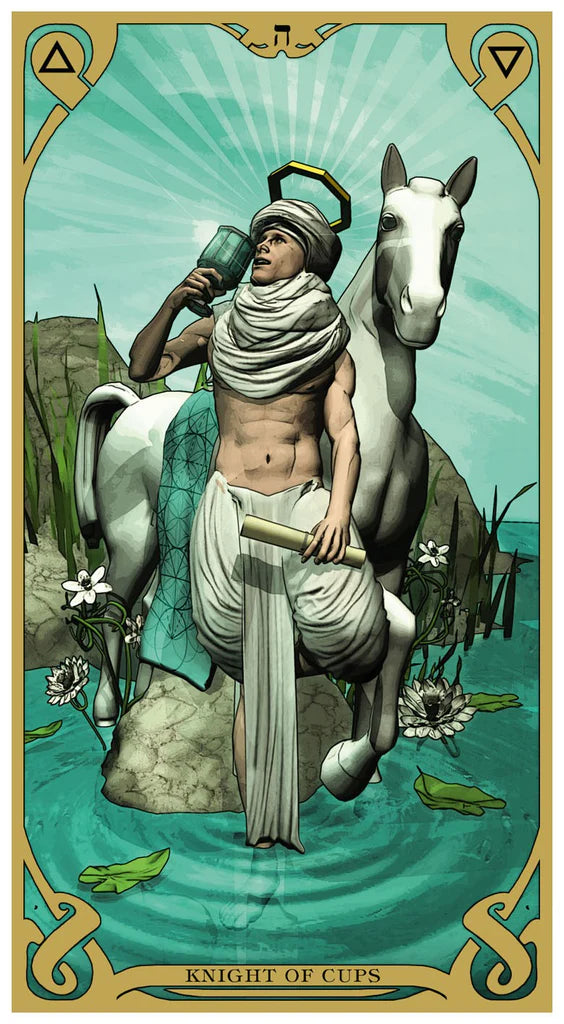 Tarot card featuring a knight on a horse with a scenic background