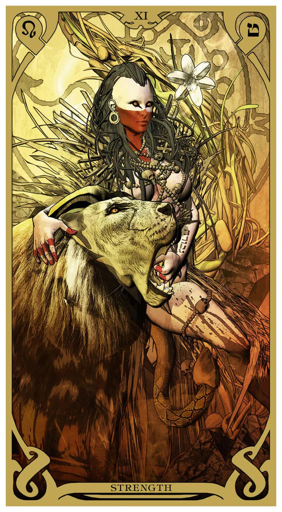 Tarot card featuring a figure holding a goat with intricate design elements
