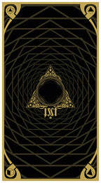 Decorative card with gold geometric patterns and central design on a black background