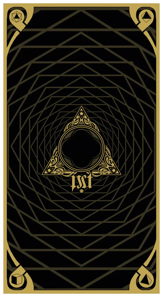 Decorative card with gold geometric patterns and central design on a black background