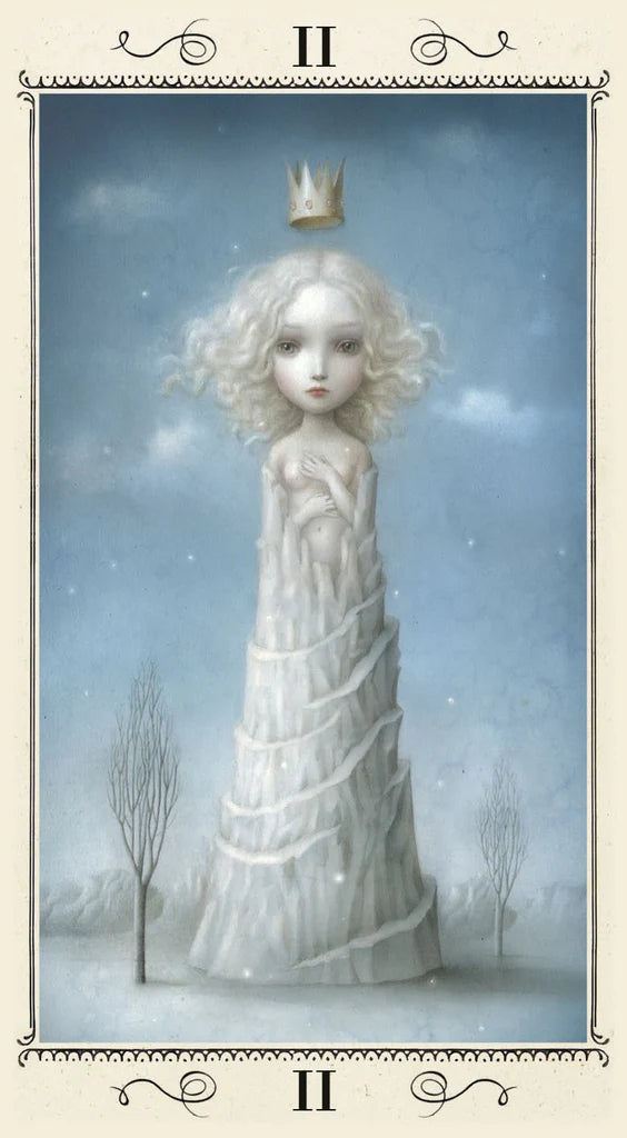 Artistic depiction of a figure in a long white dress with a crown, set against a snowy landscape.